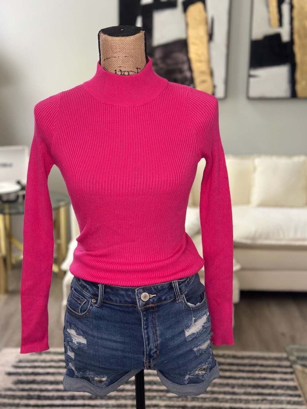 FCT WITH LOVE Hot Pink Ribbed Knit Mock Neck Long Sleeve Sweater